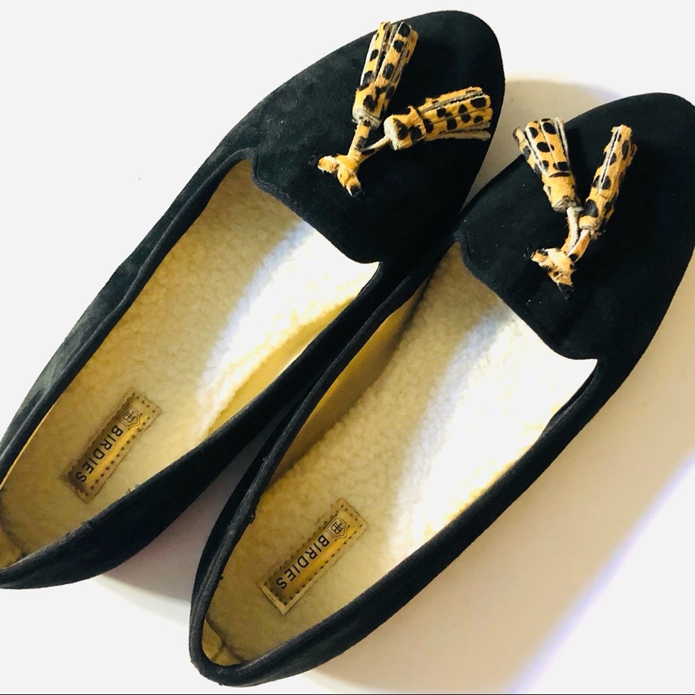 Birdies Lark Slippers Black Suede w Leopard Tassel